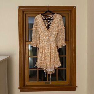 Saints & Secrets Mustard Floral Lace-Up Dress